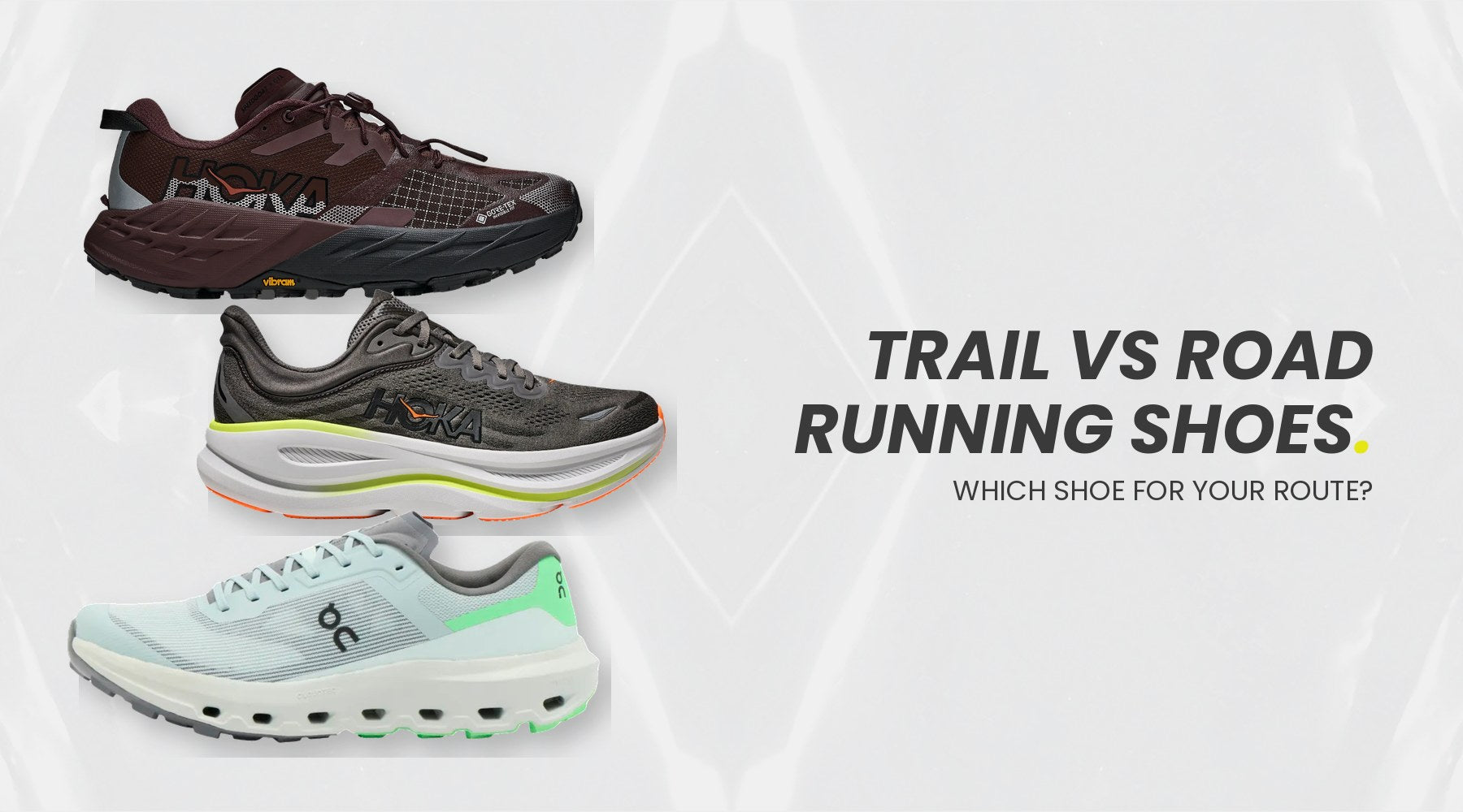 Trail running shoe and road running shoe side by side