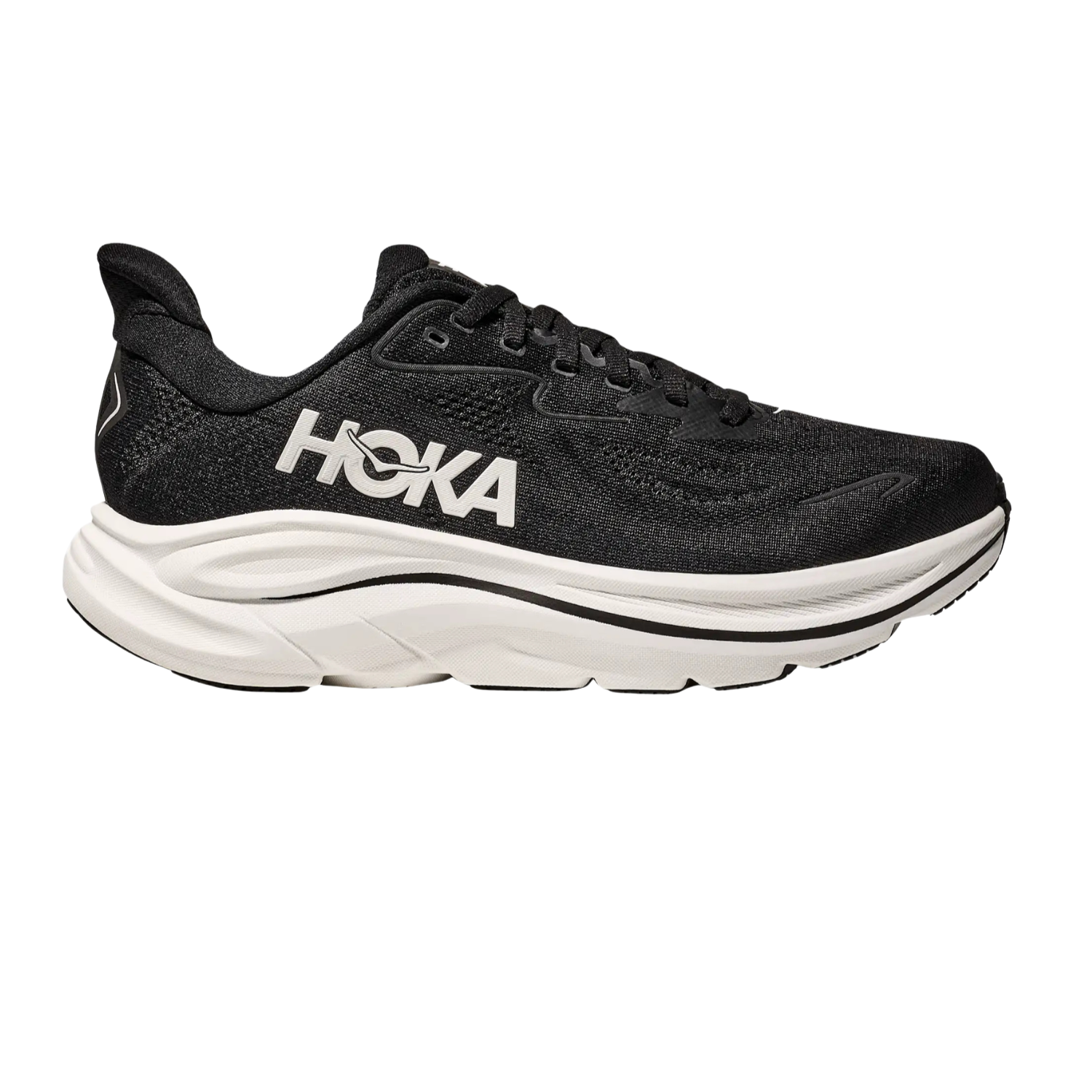 Hoka Clifton 10 neutral road running shoe in black and white