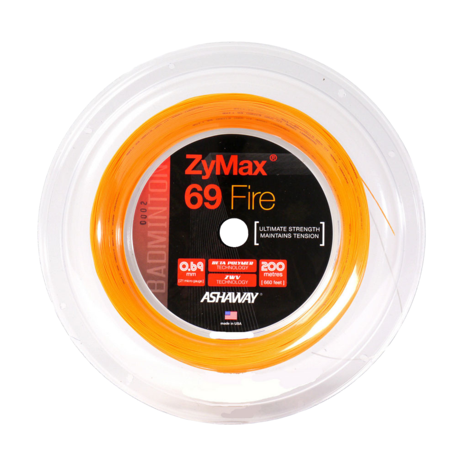 Ashaway ZyMax 69 Fire String (200m Reel) Orange