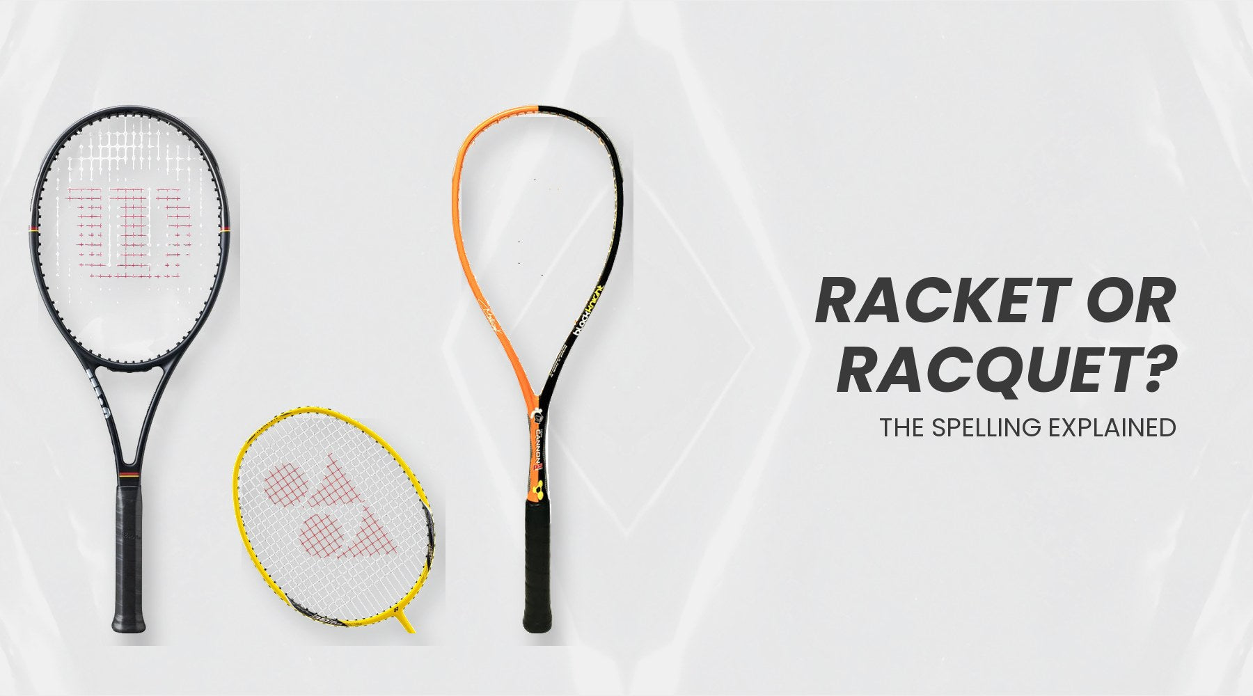 Badminton, tennis and squash rackets side by side