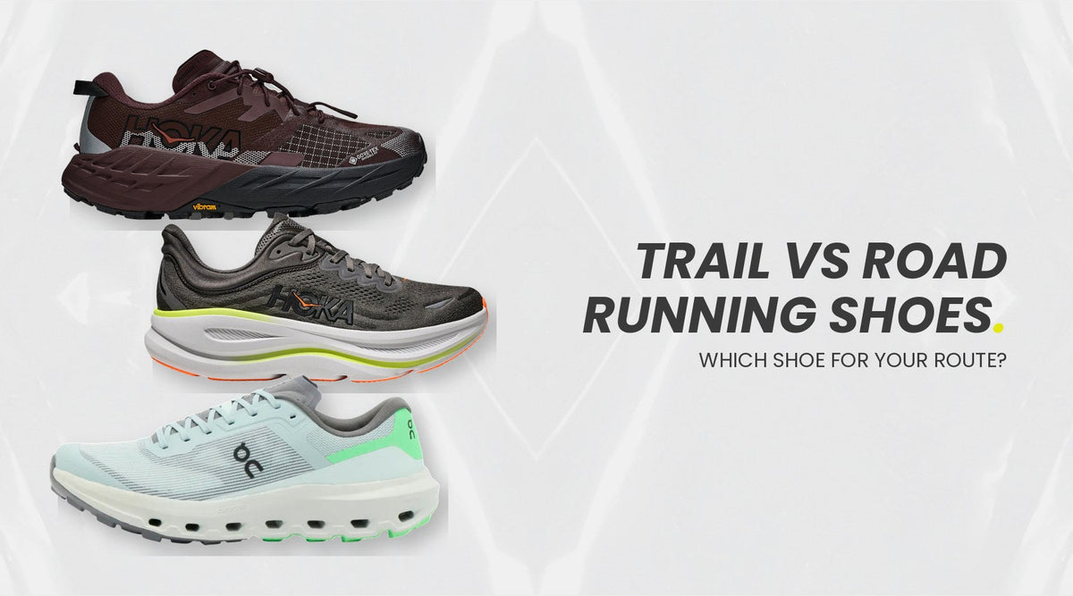 Trail running shoe and road running shoe side by side