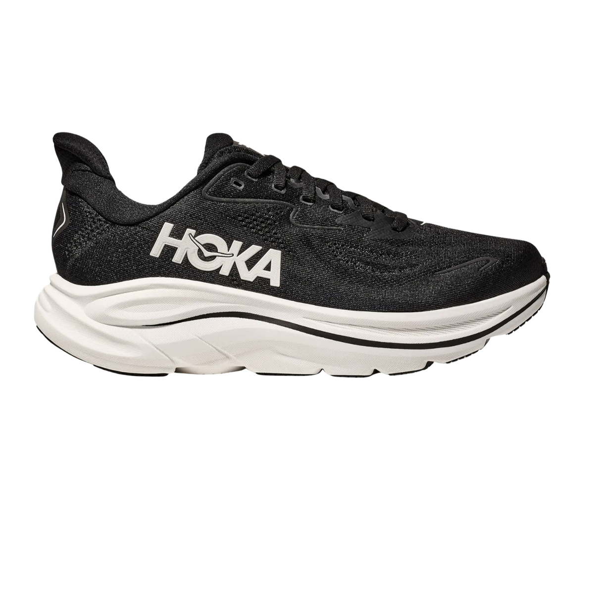 Hoka Clifton 10 neutral road running shoe in black and white