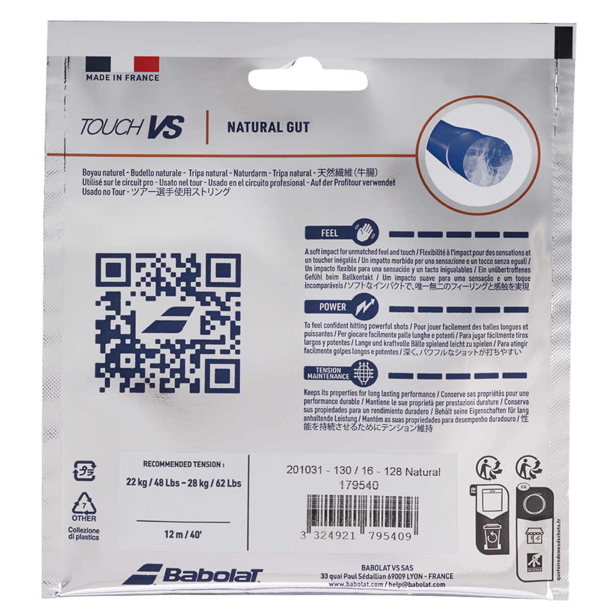 Babolat Touch VS 1.25mm/12M Tennis String Set - Natural String (Packs) Babolat