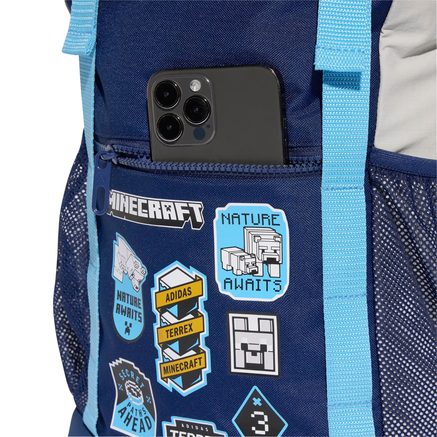 Adidas Minecraft Backpack, Dark Blue/Grey, close-up detail