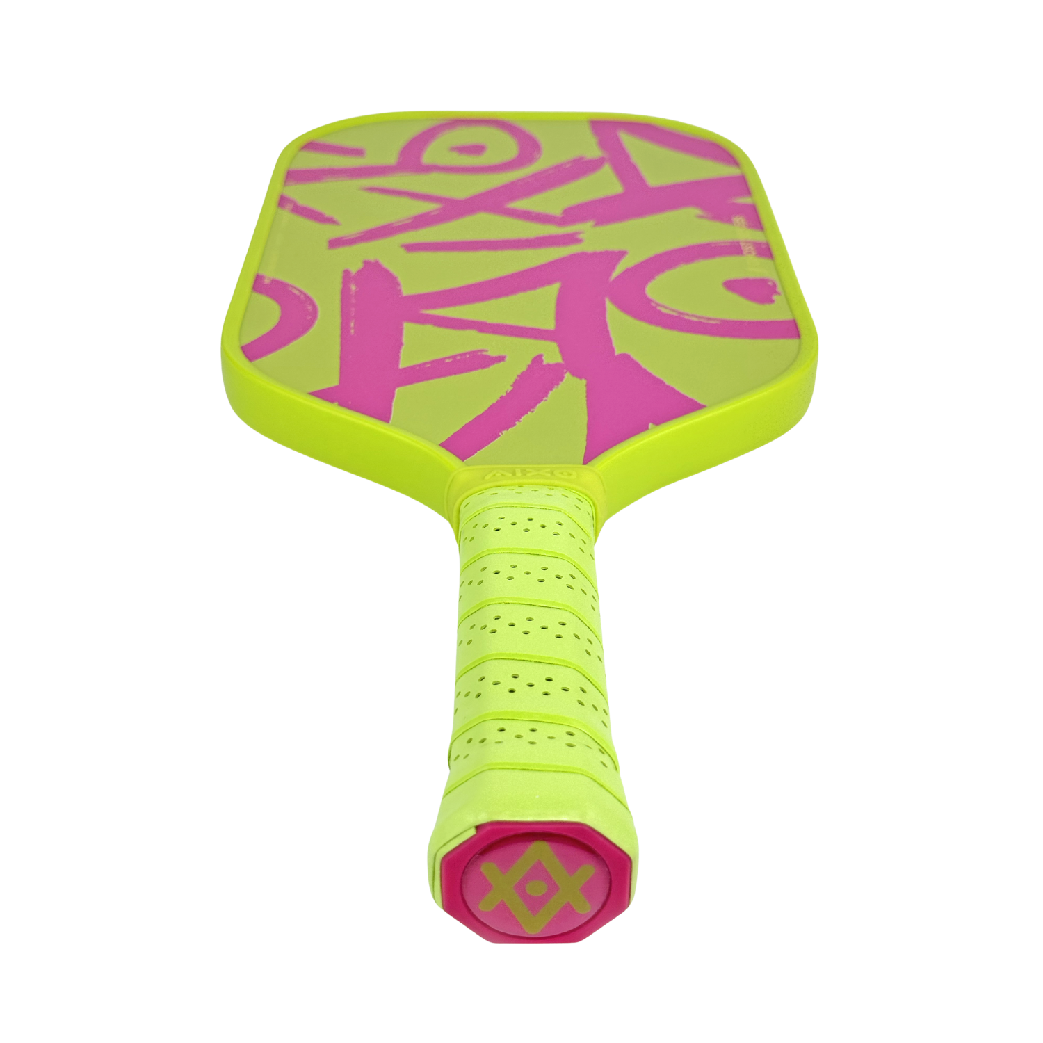 Flat-lay image of AIXO Ghost Neotag — neon pickleball paddle offering spin and great value performance.