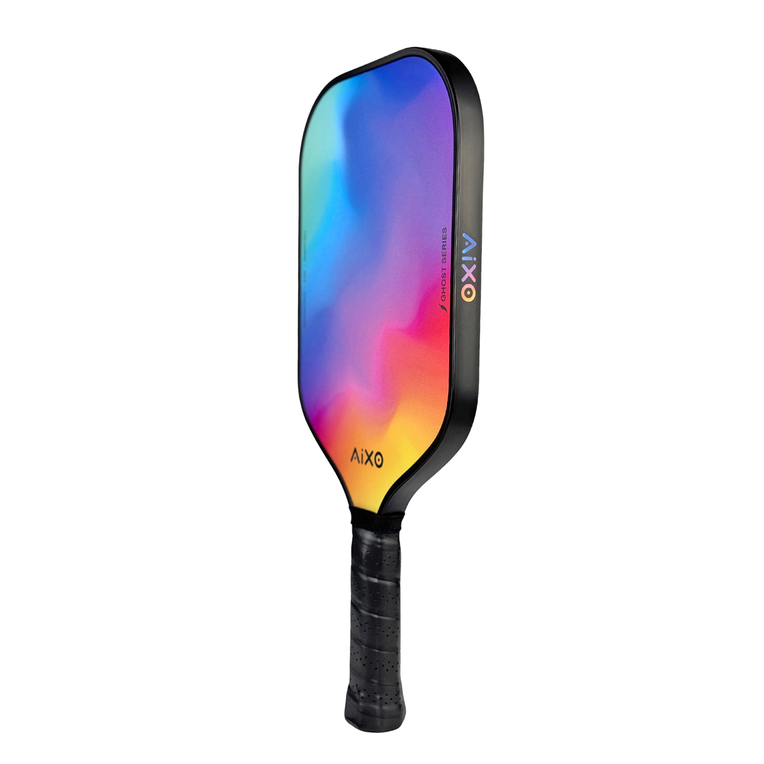 Side profile highlighting the sleek carbon frame of the AIXO Ghost Prism Break pickleball racket.