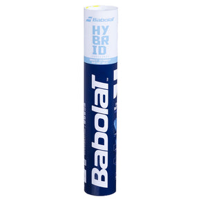 A tube of Babolat Hybrid Shuttlecocks in white color background